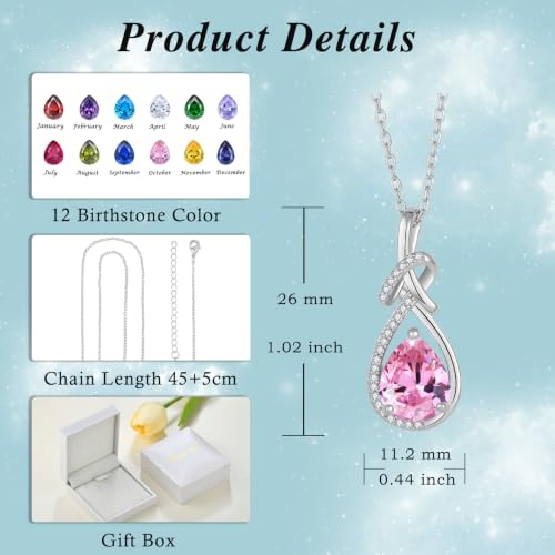 Infinity Teardrop Necklace Silver Tone Pendant Birthstone Jewelry for Women - color: Pink