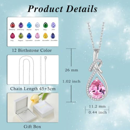 Infinity Teardrop Necklace Silver Tone Pendant Birthstone Jewelry for Women - color: Pink
