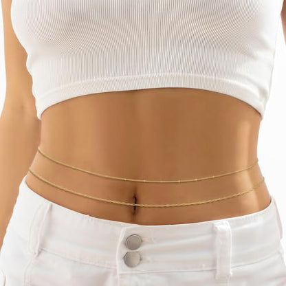 14K Gold Plated Waist Chain for Women, Layered Belly Body Chain | 2Pcs Adjustable Fit, Layered Design, Dainty Chain Styles, Bikini, Dress & Rave Outfits, Beach, Festival & Vacation - color: Gold-Plated 2