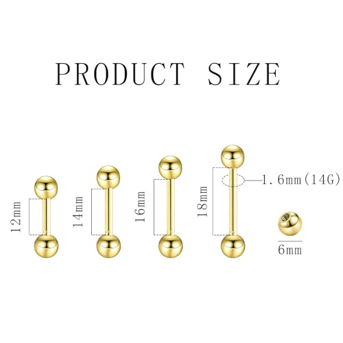 NEWITIN 48 Pieces 14G Stainless Steel Nipple Tongue Rings for Women Men | Hypoallergenic, Straight Barbells Piercing Jewelry Set, Silver Black Gold Bridge Piercings, Bar L 12-18mm, Ball Sz 5mm 6mm