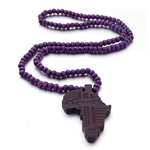 COLORFUL BLING Multicolor 8MM Wooden Bead Chain African Hip-hop Africa Map Pendant Necklace for Men Boys Natural Wood Jewelry - color: purple