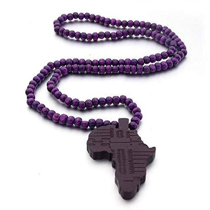 COLORFUL BLING Multicolor 8MM Wooden Bead Chain African Hip-hop Africa Map Pendant Necklace for Men Boys Natural Wood Jewelry - color: purple