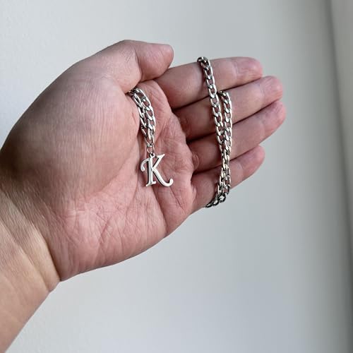 Stainless Steel Initial A-Z Necklace for Men Women,Cuban Chain,Titanium Steel Initial Letter Pendant Charm Necklaces Accessories Jewelry for Woman Man,21 Inch Chain - color: K