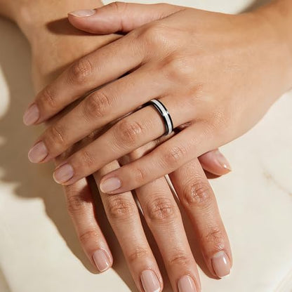 Vakki 4mm 6mm Womens Rose Gold Tungsten Carbide Ring with Mother of Pearl Shell/Marble Inlaid Wedding Band Comfort Fit Size 5-12 - color: E-4mm-Mother of Pearl & Black