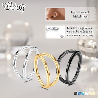 WBRWP 316L Stainless Steel Nose Hoop Rings Clicker with Zircon/Opal 14g-20g | Hypoallergenic Nose Rings Segment Clicker Lip Rings Cartilage Rook Conch Earrings Diameter 5mm-10mm - color: Double hoop rainbow ring