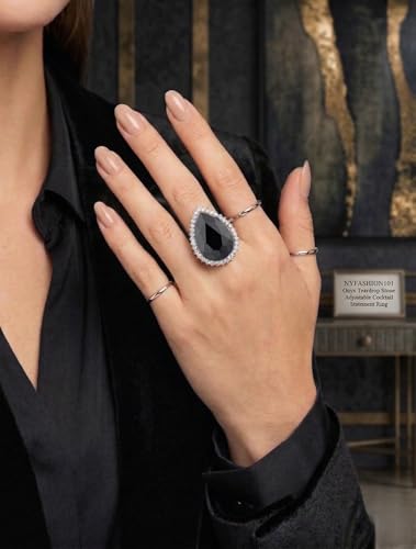NYFASHION101 Radiant Teardrop Stone Adjustable Cocktail Statement Ring - color: Clear Encircled Teardrop, Jet Black