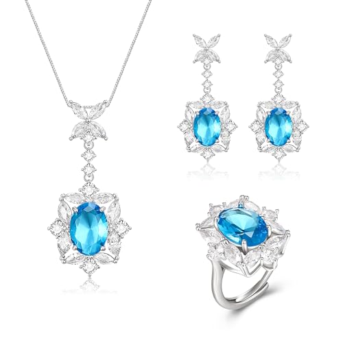 Crysdue Wedding Bridal Teardrop CZ Pendant Necklace Open Ring Dangle Earrings Adjustable Slider Bracelet Jewelry Set, Birthday Mothers Day Christmas Jewellery Gift for Women/Mom/Wife - style: 02-3pcs-Light blue
