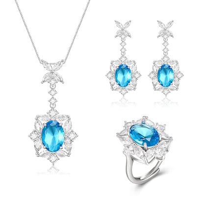 Crysdue Wedding Bridal Teardrop CZ Pendant Necklace Open Ring Dangle Earrings Adjustable Slider Bracelet Jewelry Set, Birthday Mothers Day Christmas Jewellery Gift for Women/Mom/Wife - style: 02-3pcs-Light blue