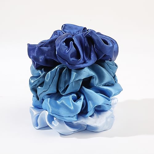 Satin Hair Scrunchies: Cute, Big Pony Tail Holders for Thick, Curly Hair - No Crease, No Damage Hair Ties for Girls and Women - color: Blue