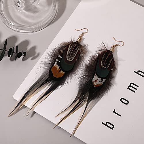 Bohemian Long Feather Earrings for Women Handmade Natural Dangle Tassel Jewelry - color: Style D