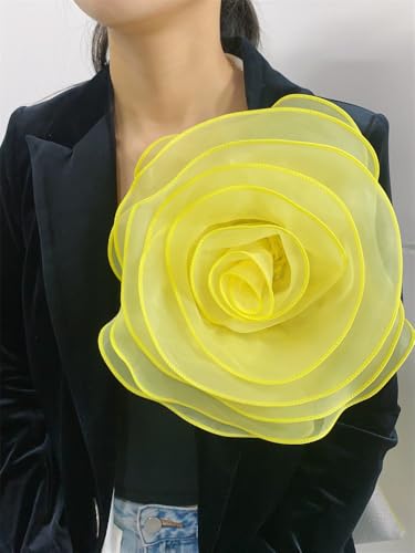 10inch Extra Large Flower Brooch Pin for Women Fashion Dainty Organza Satin Fabric Big Camellia Brooches Lapel Pins Wedding Dance Party Dress Accessories Exaggerated Jewelry Gift - color: 10 inch Yellow