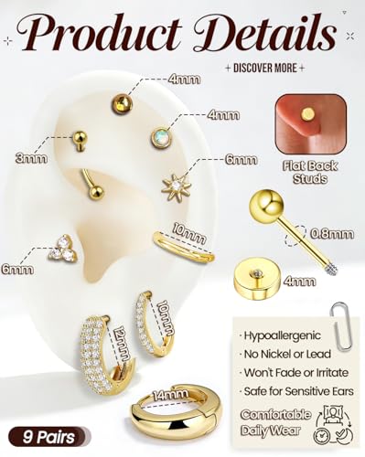 Nunpag 9 Pairs Hypoallergenic 14K Gold Plated Flat Back Earrings for Women Studs Earring Opal Ball Triangular Sun CZ Stones Hoop Earrings Stainless Steel Jewelry Gift for Sensitive Ears - color: 18Pcs-Gold