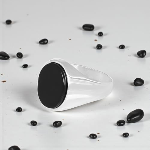 Men’s Silver Plated Steel Onyx Ring – Oval Black Stone Minimal Signet Ring | Polished Smooth Band | Modern Stainless Steel Men’s Fashion Ring