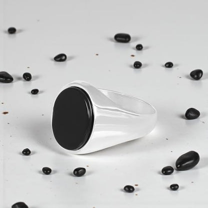Men’s Silver Plated Steel Onyx Ring – Oval Black Stone Minimal Signet Ring | Polished Smooth Band | Modern Stainless Steel Men’s Fashion Ring