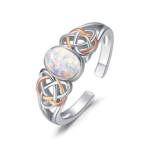PRAYMOS 925 Sterling Silver Ring Birthstone Ring Turquoise Moss White Opal Ring for Women Celtic Knot Open Adjustable Thrumb Ring - color: white opal