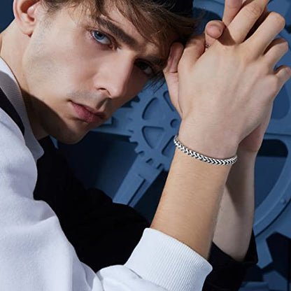 Mens Bracelet - Stainless Steel Fold Over Clasp Franco Chain Bracelets for Men - color: G-Silver