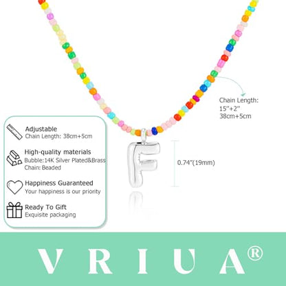 VRIUA Colorful Initial Necklaces for Women – Bubble Letter A-Z Necklace Handmade Beaded Necklace Dainty Initial Necklaces for Girls Kids - Teen Girls Gifts Trendy Jewelry - color: Silver, style: F