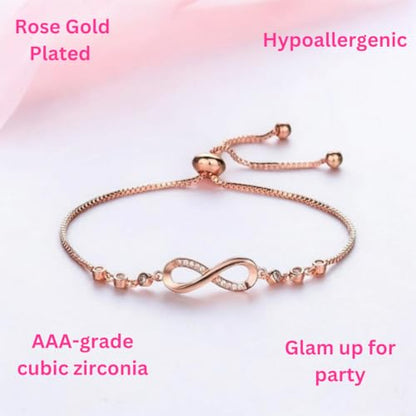 Nilu's Collection Infinity Shape Cubic Zirconia Diamond Bracelet for Women, Jewelry for Gift, Adjustable Charm Bracelet (Rose Gold Necklace + Bracelet) - color: Rose Gold