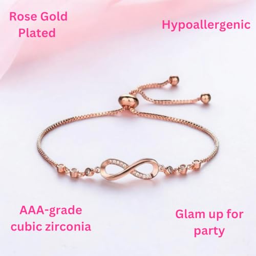 Nilu's Collection Infinity Shape Cubic Zirconia Diamond Bracelet for Women, Jewelry for Gift, Adjustable Charm Bracelet (Rose Gold Necklace + Bracelet) - color: Rose Gold