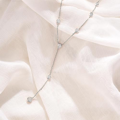 LANE WOODS Moissanite Lariat Necklace for Women, 925 Sterling Silver Y Necklace with Teardrop Pendant, Dainty Gold Plated Drop Necklace 16+2 Inch Adjustable Chain, Bridal Wedding Prom Jewelry - color: white gold