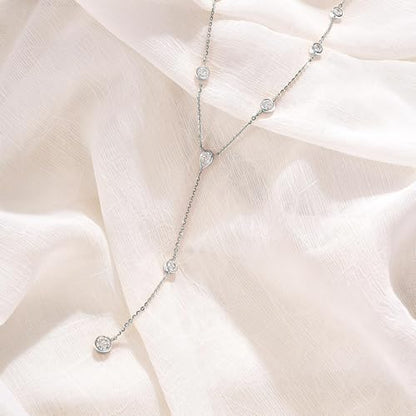 LANE WOODS Moissanite Lariat Necklace for Women, 925 Sterling Silver Y Necklace with Teardrop Pendant, Dainty Gold Plated Drop Necklace 16+2 Inch Adjustable Chain, Bridal Wedding Prom Jewelry - color: white gold