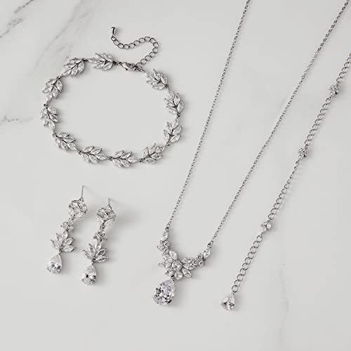SWEETV Teardrop Wedding Bridal Jewelry Set for Brides Women Bridesmaid, Crystal Rhinestone Backdrop Necklace Earring Sets for Prom - color: 01.Silver