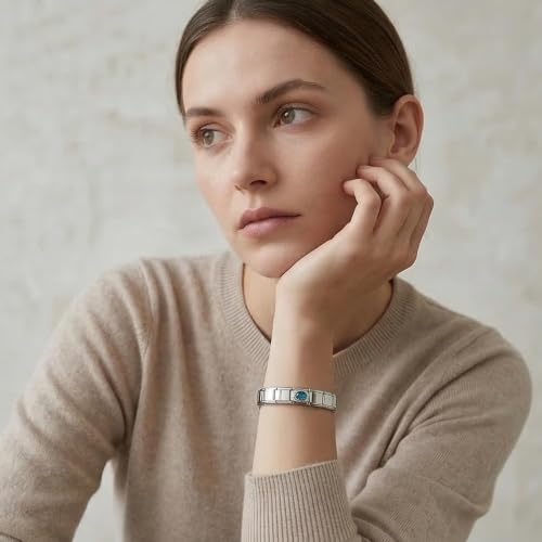 GEMOSA Birthstone Italian Charm Bracelet - 18 Links 9mm x 10mm Stainless Steel Base Bracelet with Birthstone Charm & Link Opener Tool, Polished Silver Finish Jewelry Gift Box Set for Women - color: 03-Mar-Aquamarine