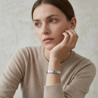 GEMOSA Birthstone Italian Charm Bracelet - 18 Links 9mm x 10mm Stainless Steel Base Bracelet with Birthstone Charm & Link Opener Tool, Polished Silver Finish Jewelry Gift Box Set for Women - color: 03-Mar-Aquamarine