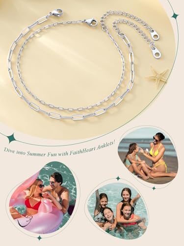 FaithHeart Waterproof Ankle Bracelets for Women, 1/2/3Pcs Non Tarnish Stainless Steel Layered Anklet Set Paperclip Figaro Cuban Link Chain Dainty Summer Beach Jewelry Gift Adjustable Size - style: e.Paperclip 2Pcs - Silver