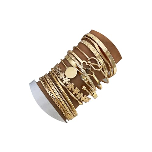 17IF Gold Bangle Bracelet For Women, 14k Multilayer Charm Textured Stackable Bracelets Boho Indian Chunky Cuff Fashion Jewelry Gift - style: 15 Pcs