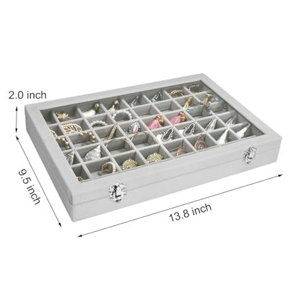 Siveit Velvet Jewelry Tray 48 Grid Jewelry Display Tray Organizer Box with Transparent Lid Rings Earrings Necklaces Pendants Display Box Suitable for Women and Girls (Grey) - color: Grey