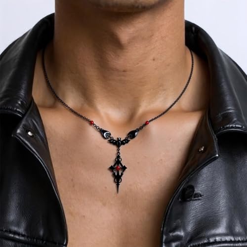 Slip Chain Choker for Women Handmade Black Stainless Steel Cuban Chain Chunky Moon Bat Raven Skull Pendant Gothic Punk Rock Collar Adjustable Lariat Y Necklace for Men - style: Bat cross
