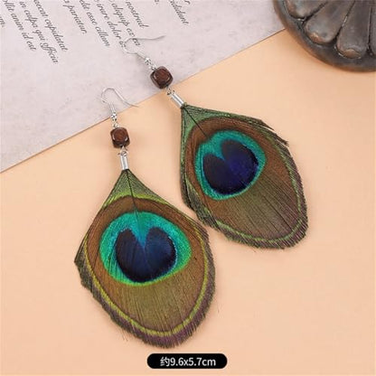 Peacock Feather Earrings for Women Native Handmade Lightweight Long Peacock Feather Boho Hook Earring Prom Party Festival Jewelry - color: Brown Bead