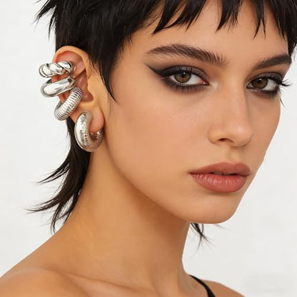 4pcs Chunky Gold Silver Ear Cuff Set for Women Punk Metallic Twist Non Piercing Clip Cuff Earrings Trendy Jewelry Set for Daily Party - style: style B