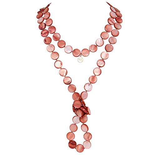 Firstmeet Flat Round Coin Shell Beads Long Knotted Necklace Natural Mother of Pearl Handmade Jewelry For Women - color: Chili