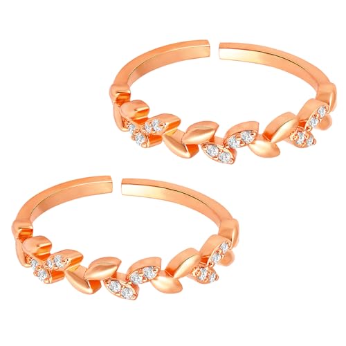 Aheli Cubic Zirconia Studded Leaf Style Adjustable Toe Ring Bichiya Fancy Jewellery for Women - color: Rose Gold