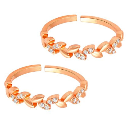 Aheli Cubic Zirconia Studded Leaf Style Adjustable Toe Ring Bichiya Fancy Jewellery for Women - color: Rose Gold