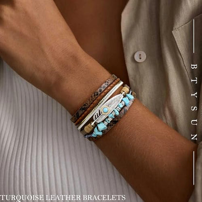 Bracelets for Women, Gifts for Mom Her Christmas Gift 2026 Leather Bracelets for Women Birthday Gift for Daughter Inspirational Wrap Bracelet Sister Friend Teen Girl Gift Layered Stocking Stuffers Jewelry - style: Brown-Turquoise