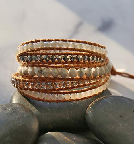 MGR MY GEMS ROCK! 35-Inch Long Multi-Layer Hand Crafted Gemstone and Crystal Multi-Stone Beaded on Genuine Leather Boho Style Stackable Super Wrap Bracelet, up to 5 Wraps.