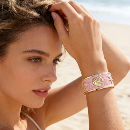 YBMYCM Chunky Shell Cuff Bracelet for Women, Hammered Boho Open Bangle | Adjustable Irregular Wide Bracelets Jewelry Gifts for Women, Perfect for Daily Wear - color: Pink2