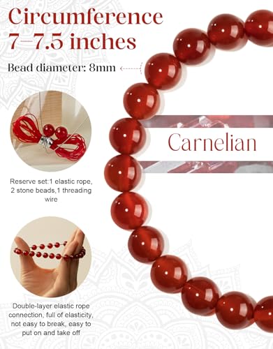 Natural Stone Beaded Bracelets for Men Women, 4mm 6mm 8mm | Healing Crystal, Protection Gemstone, Gift Packaging with Energy Card, Stretch Jewelry, Replacement Beads Included, 18 Stone - color: Carnelian(Luck & Vitality), size: 8mm