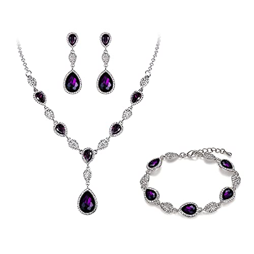 EleQueen Women's Wedding Bridal Jewelry Sets for Brides Bridesmaids, Cubic Zirconia Teardrop Necklace Tennis Bracelet Dangle Earrings Jewellery Set - color: 10-Amethyst Color Clear-Tone