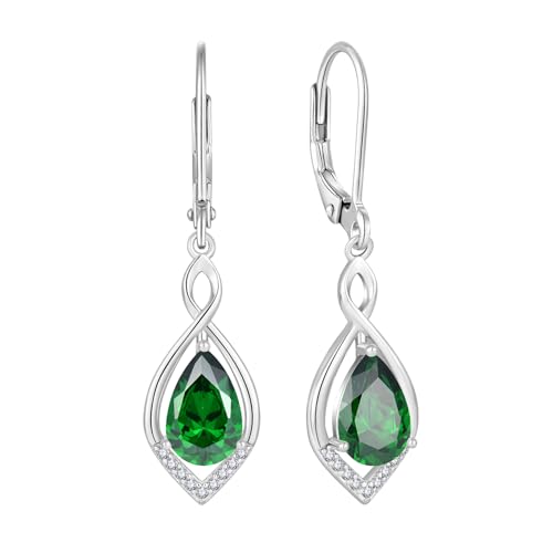 Infinity Teardrop Earrings 925 Sterling Silver Dangle Drop Leverback Earrings Birthstone Jewelry for Women - color: Emerald Green