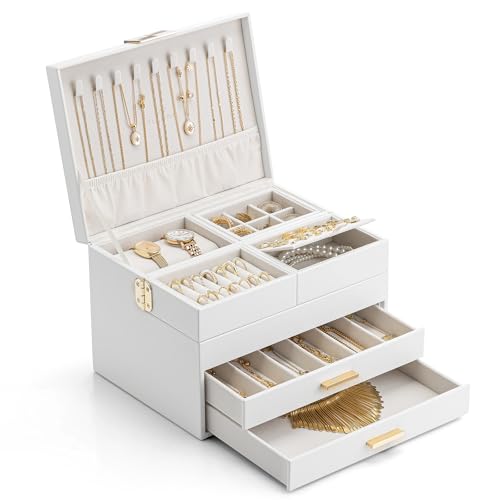 VLANDO Jewelry Box,4-Layer Design with Retractable Tray and 2 Drawers, White - color: D.White, size: 4-Layer