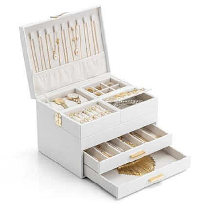 VLANDO Jewelry Box,4-Layer Design with Retractable Tray and 2 Drawers, White - color: D.White, size: 4-Layer
