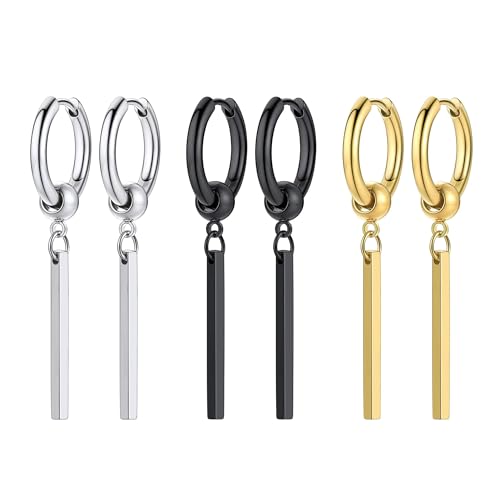 PROSTEEL Stainless Steel Huggie Hoop Earrings for Mens Gold/Black/Silver | Skull/Infinity Pattern, Spike/Cuban Links 4 Design Options Hypoallergenic Lightweight Earring Hip Hop Punk Gothic Jewelry - style: 08-Straight Dangle(3 Pairs)