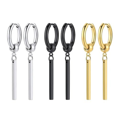 PROSTEEL Stainless Steel Huggie Hoop Earrings for Mens Gold/Black/Silver | Skull/Infinity Pattern, Spike/Cuban Links 4 Design Options Hypoallergenic Lightweight Earring Hip Hop Punk Gothic Jewelry - style: 08-Straight Dangle(3 Pairs)