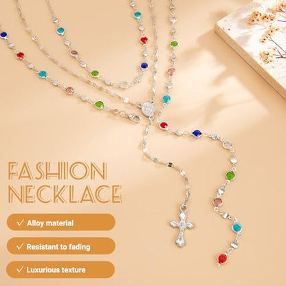 Layered Cross Necklace Set for Women, Layered Choker Necklaces Trendy Jewelry, Colorful Enamel Beaded Y-Shaped Lariat Necklace, Boho Multilayer Cross Necklace for Party and Daily Wear - color: Silver-06