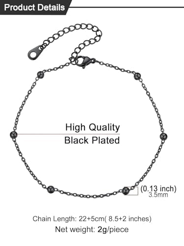 U7 Ankle Bracelets for Women Stainless Steel Waterproof Tarnish Resistant | 18K Gold Plated/Silver/Rose Gold Anklets,Cuban Chain Anklet Bracelets, Perfect for Summer Beach and Vacation Outfits - color: Black-Bead Chain
