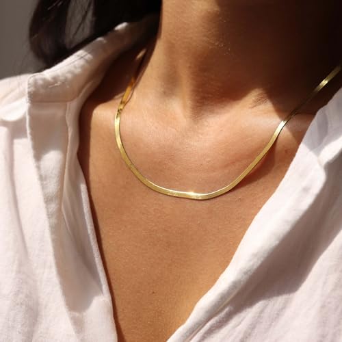 NECOCY 14K Gold Plated Necklaces for Women, Dainty Gold Herringbone Choker Necklace Thin Layered Snake Chain Jewelry for Gifts - color: 5MM 16"-GD Herringbone Necklace